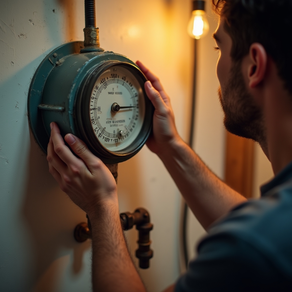 Wasseruhr wird von einer Person abgelesen, Nahaufnahme der Anzeige